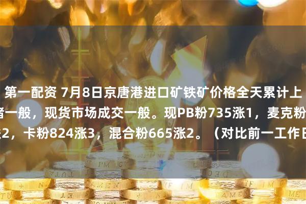 第一配资 7月8日京唐港进口矿铁矿价格全天累计上涨1-4。市场交投情绪一般，现货市场成交一般。现PB粉735涨1，麦克粉712跌2，卡粉824涨3，混合粉665涨2。（对比前一工作日晚间价格；单位：元/湿吨）